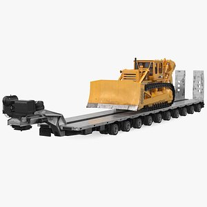 Bulldozer on Heavy Transport Trailer