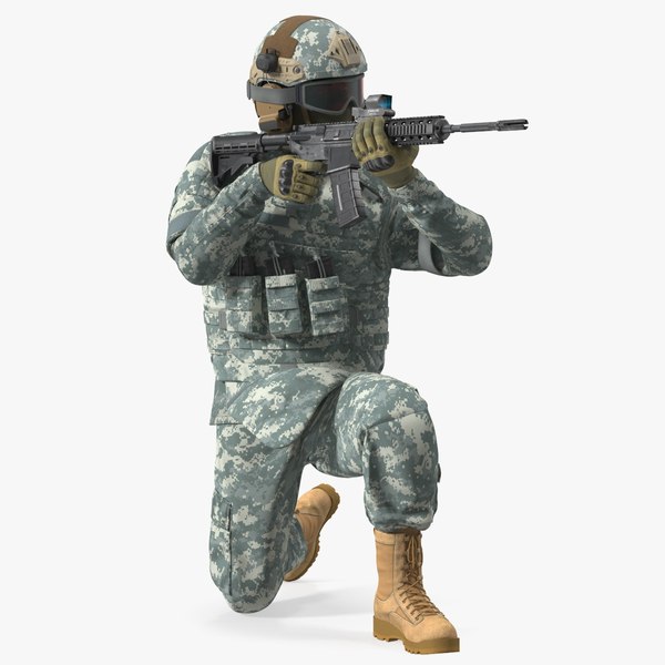 Army Soldier in Grey Camo with Goggles Aiming Fur 3D