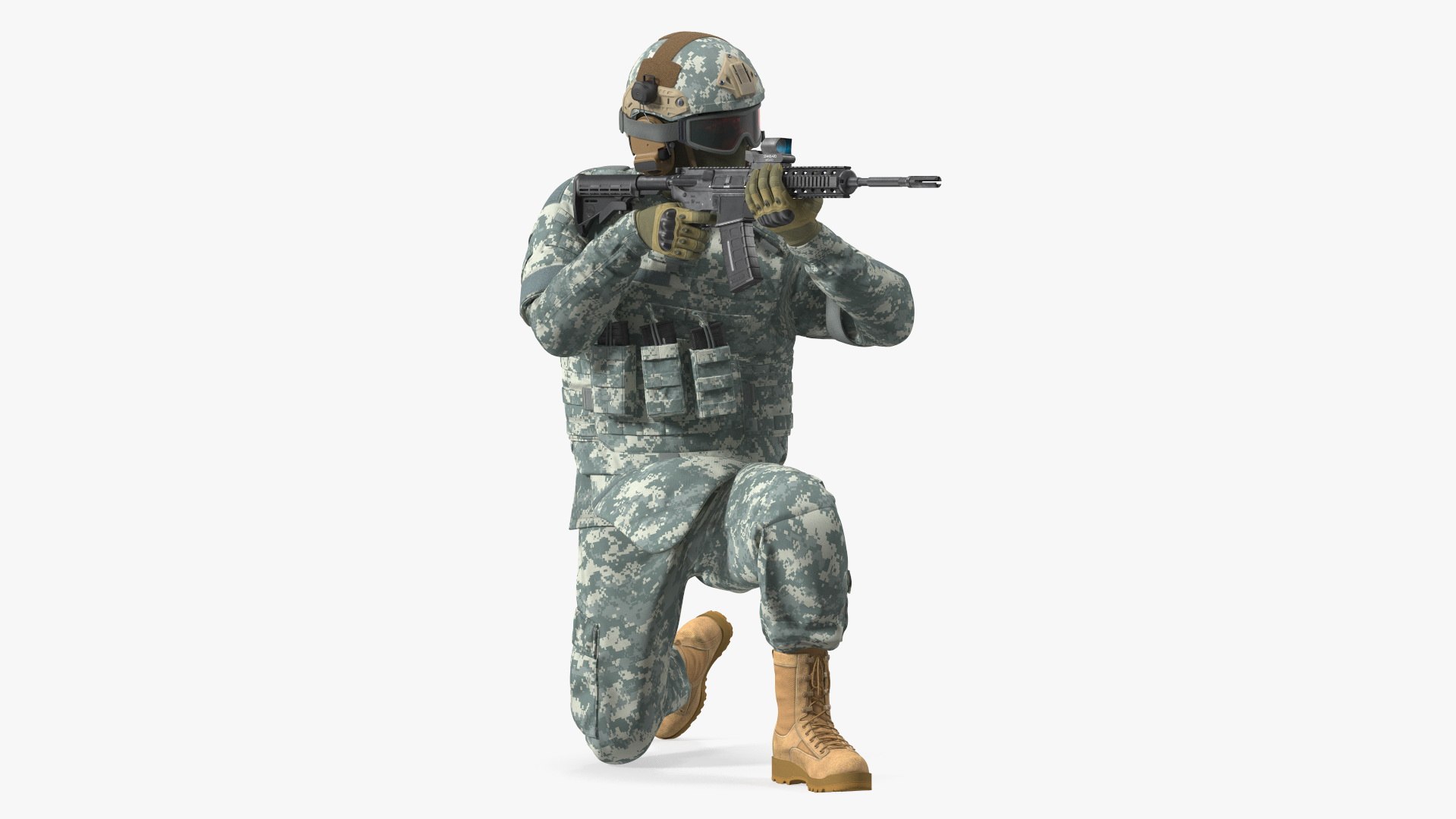 Army Soldier in Grey Camo with Goggles Aiming Fur 3D model preview