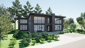 3D Modern Two-Story Industrial Home with Large Windows and Balcony model