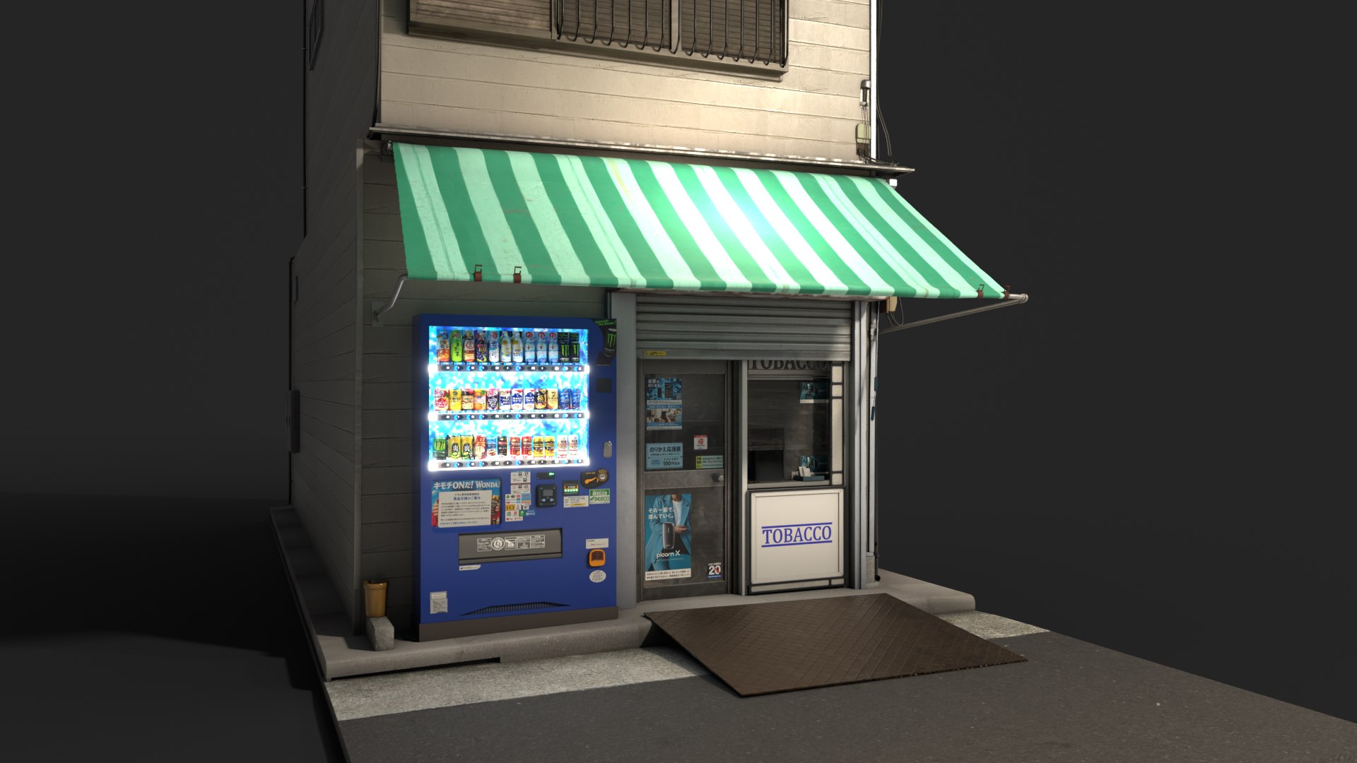 Japanese Tobacco Shop Tokyo Street Store with Vending Machine - Shop Facade PBR 3D https://p.turbosquid.com/ts-thumb/1w/v7l3qX/51/tobaccoshop_night_street/png/1792601263/1920x1080/fit_q87/97e3c1e686a745db376ed8980fc8861ac412ed06/tobaccoshop_night_street.jpg