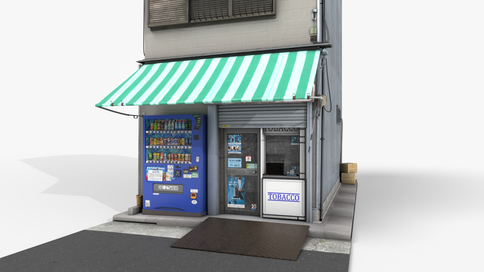 Japanese Tobacco Shop Tokyo Street Store with Vending Machine - Shop Facade PBR 3D https://p.turbosquid.com/ts-thumb/1w/v7l3qX/B0/tobaccoshop_street/png/1792593530/1920x1080/fit_q87/d8ad9f4134202efe1693aa787fd1f281c100b3d5/tobaccoshop_street.jpg