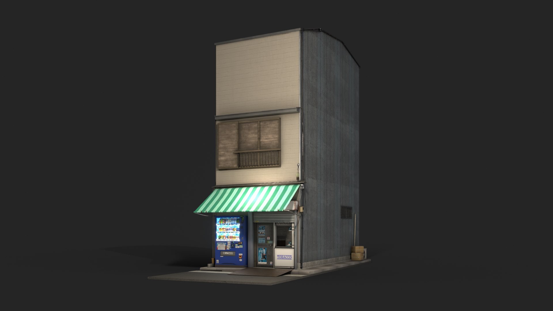 Japanese Tobacco Shop Tokyo Street Store with Vending Machine - Shop Facade PBR 3D https://p.turbosquid.com/ts-thumb/1w/v7l3qX/Qk/tobaccoshop_dusk/png/1792593532/1920x1080/fit_q87/8fd60bf3a4a92a76a9f6944d306d266ba32bbc7c/tobaccoshop_dusk.jpg