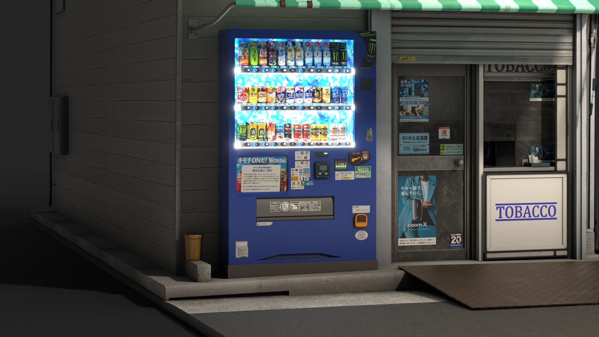 Japanese Tobacco Shop Tokyo Street Store with Vending Machine - Shop Facade PBR 3D https://p.turbosquid.com/ts-thumb/1w/v7l3qX/nE/tobaccoshop_night_vending/png/1792601263/1920x1080/fit_q87/c4605127b5c1e2b0c1df88d4ed9fe2376c57ffd4/tobaccoshop_night_vending.jpg