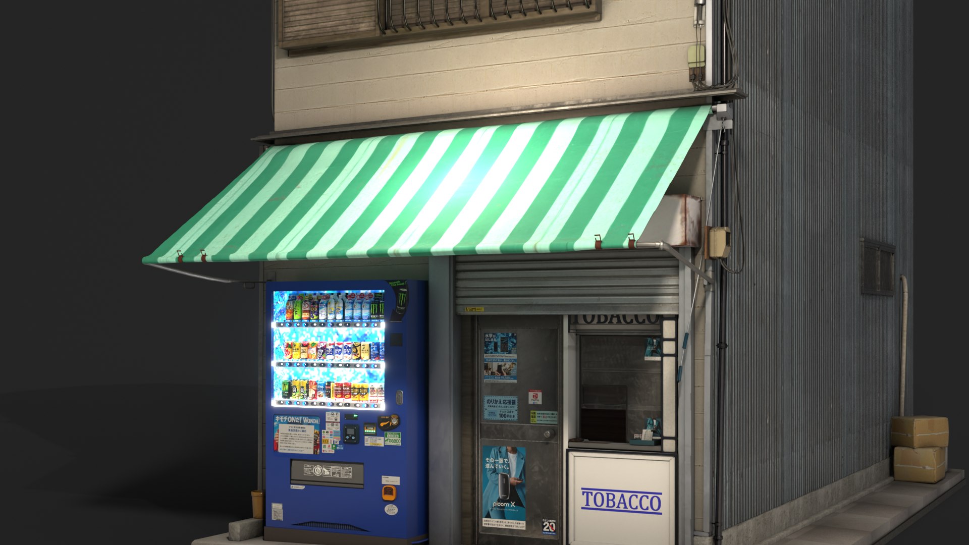 Japanese Tobacco Shop Tokyo Street Store with Vending Machine - Shop Facade PBR 3D https://p.turbosquid.com/ts-thumb/1w/v7l3qX/rg/tobaccoshop_night_awning/png/1792601263/1920x1080/fit_q87/324df7c04025fcab644f71cd39953a32bce0bd89/tobaccoshop_night_awning.jpg