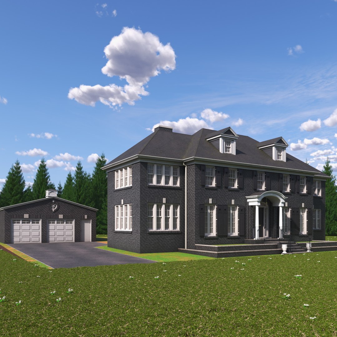 Colonial Style House with Garage 3D model preview