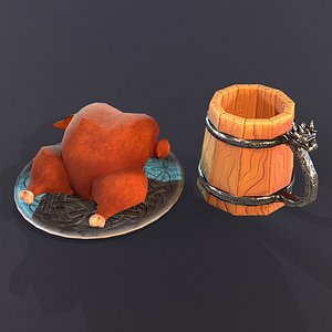 3D model Lowpoly stylized fried chicken and beer pint mug asset