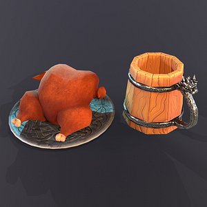 Lowpoly stylized fried chicken and beer pint mug asset