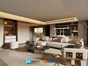 3D Modern Light Luxury Living Room 3D Model Complete Interior Scene