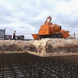 Construction Excavation Site with Portable Concrete Mixer Pump and Worker 3D model