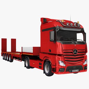 Lowbed Trailer Red and Truck 3D