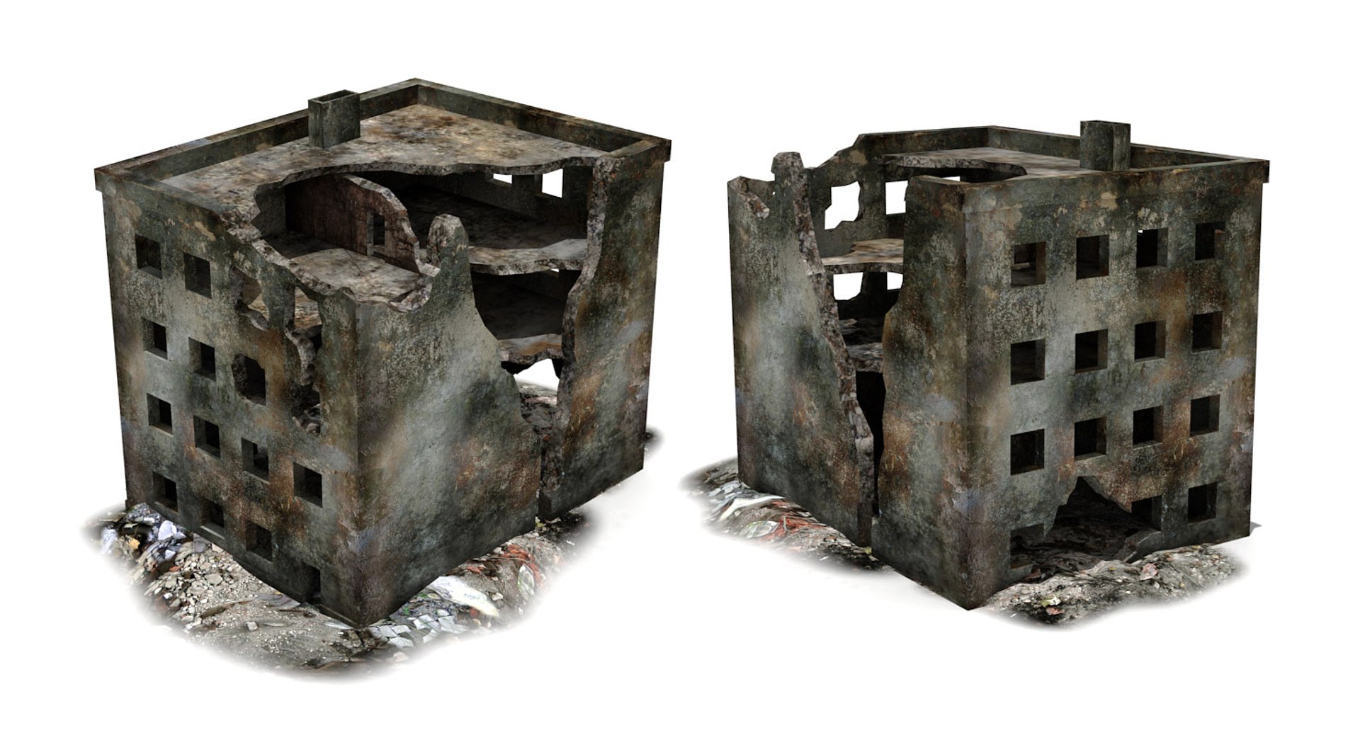 3d Ruined Building 2 Damaged