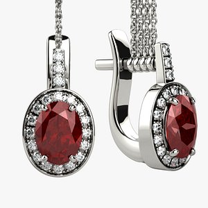 Ruby Oval Gemstone Gold Earrings 3D model