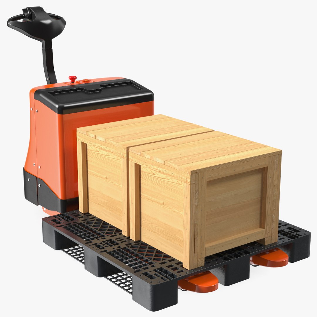 Orange Electric Pallet Truck with Wooden Crates 3D model preview