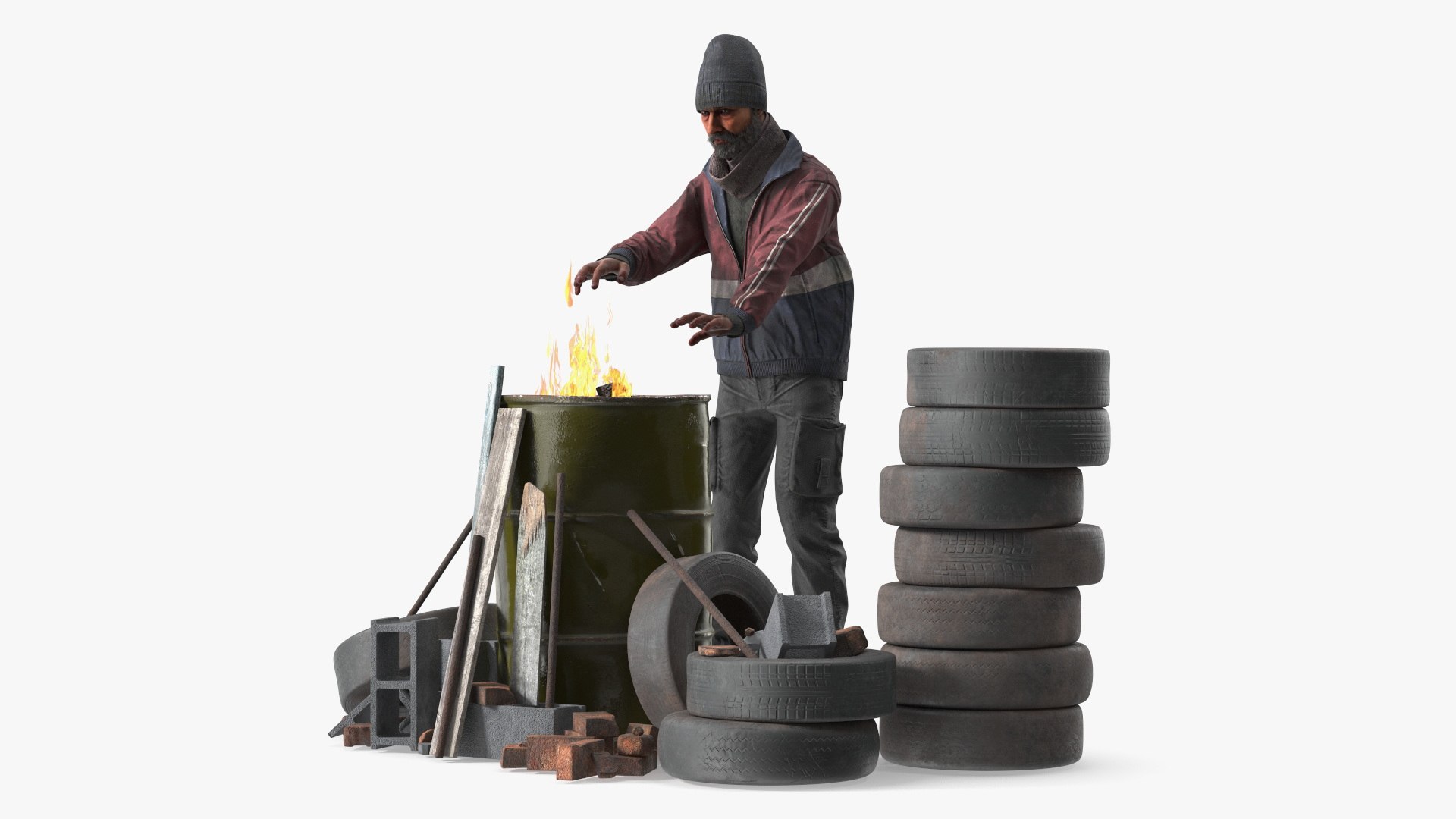 Abandoned Lot Fire Barrel With Man And Debris 3D model preview