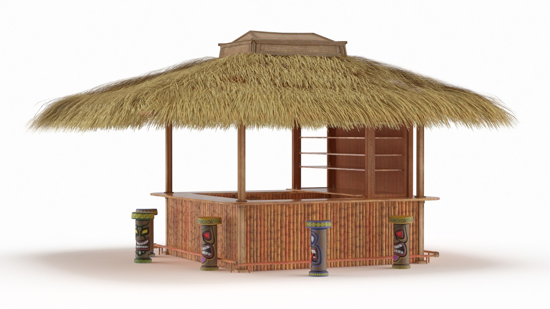 Island Tiki Bar with Totem Stools Natural 3D model preview