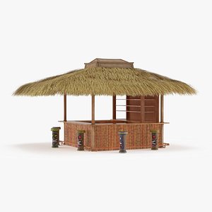 Island Tiki Bar with Totem Stools Natural 3D