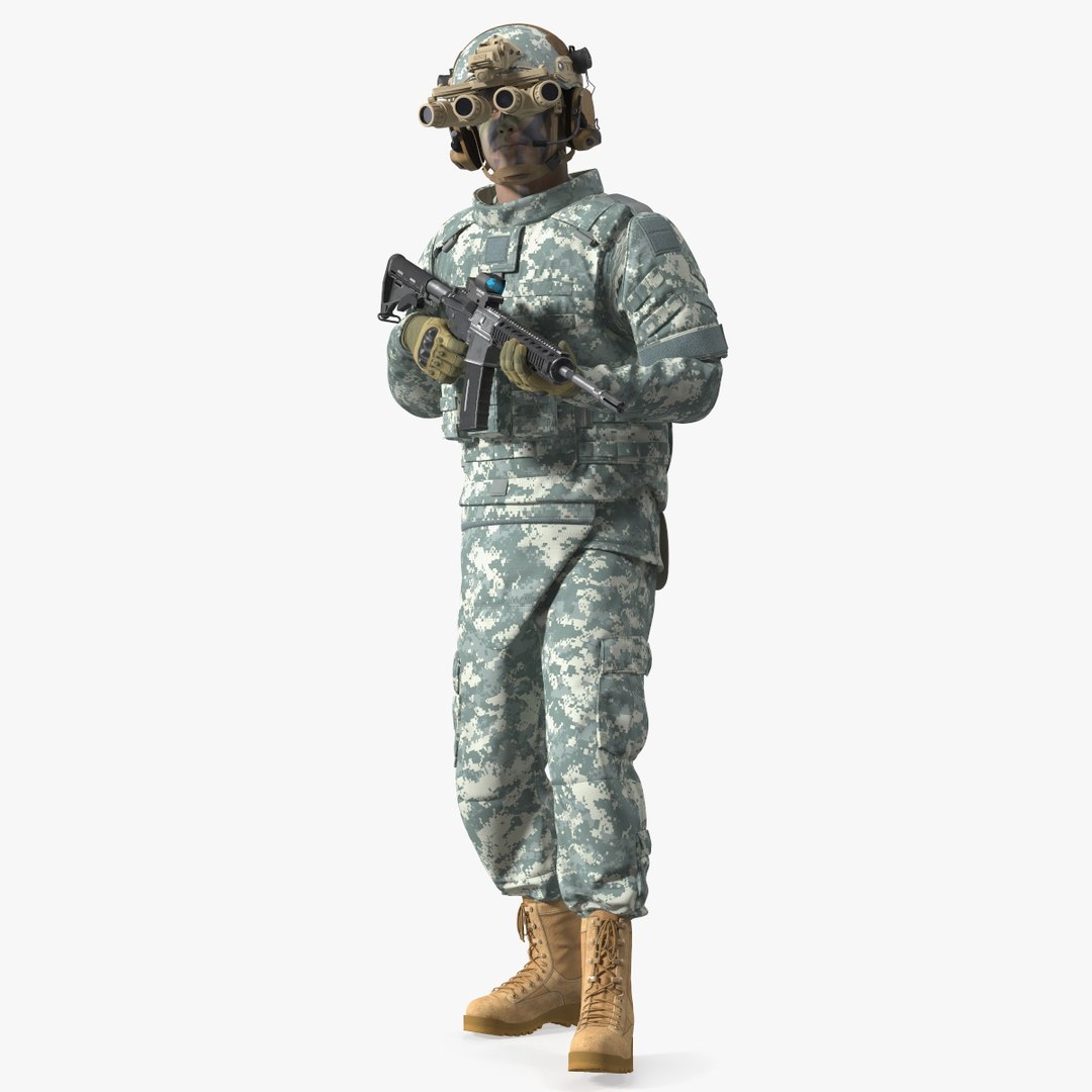 Soldier in Night Vision Goggles Grey Camo Walking Fur 3D model preview