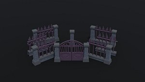 3D Low-poly cartoon fantasy cemetery fence kit model