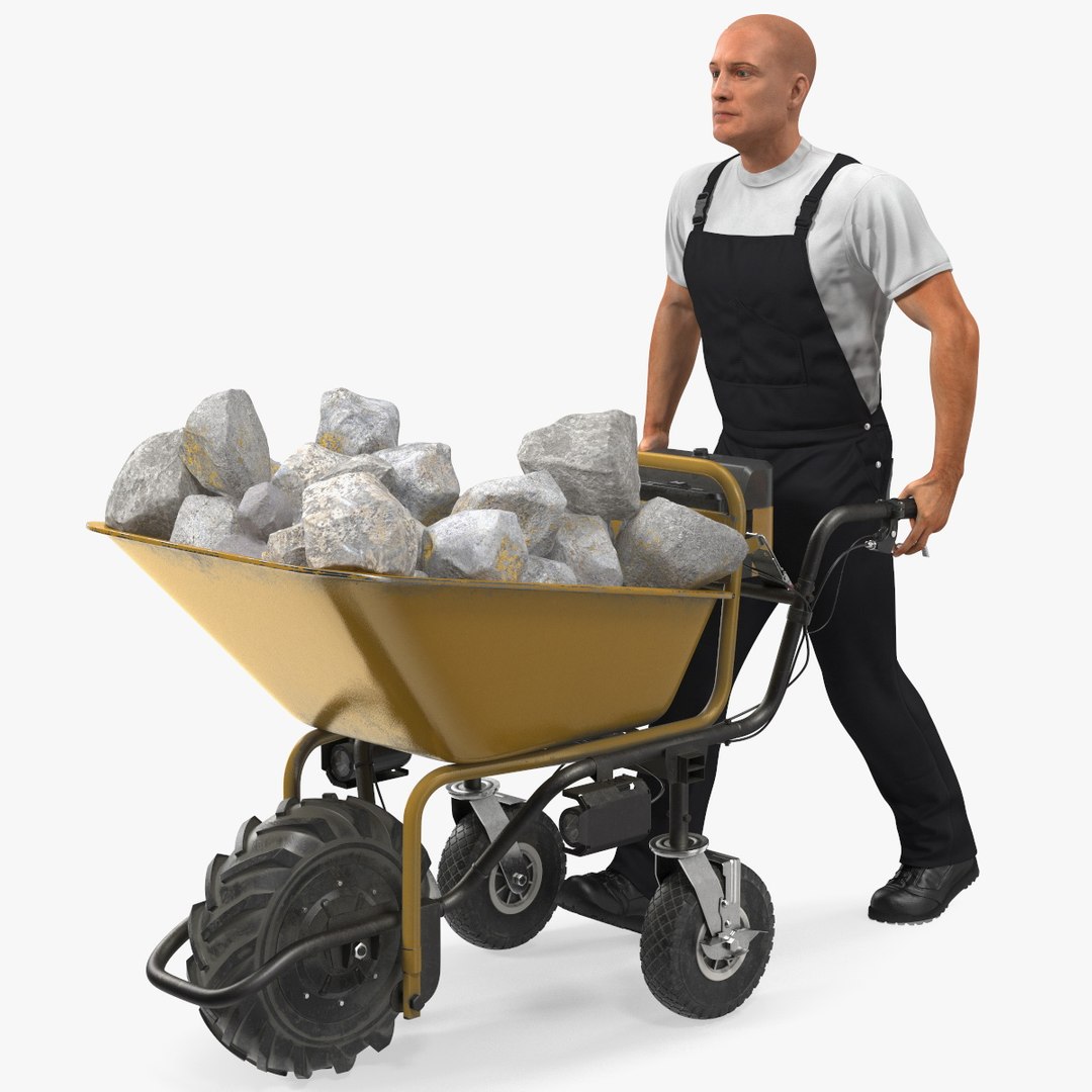 Worker with Electric Wheelbarrow with Stones Rigged 3D model preview