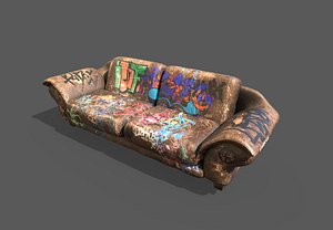 Worn Leather Sofa With Graffiti 3D model