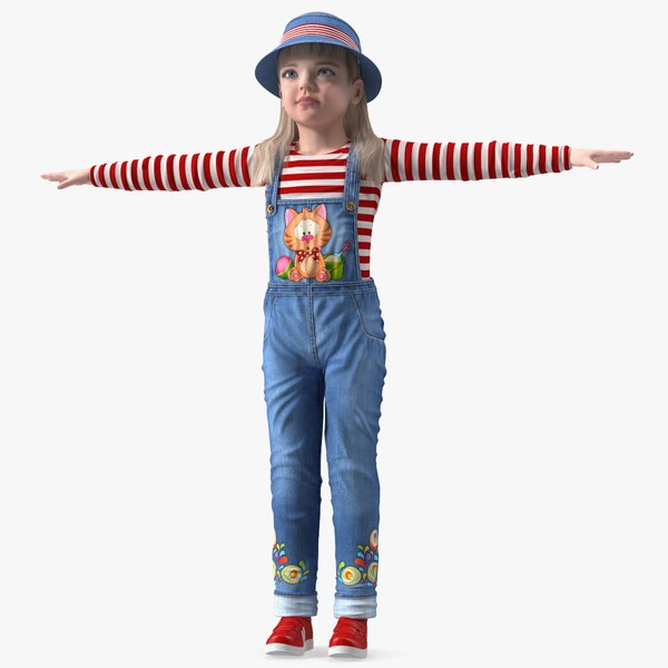 3D Denim Suit Child Girl T-Pose model