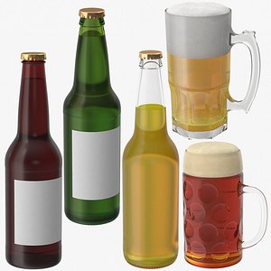 3D beer bottles mugs model