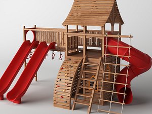 Large Wooden Playhouse Slide Set 3D model
