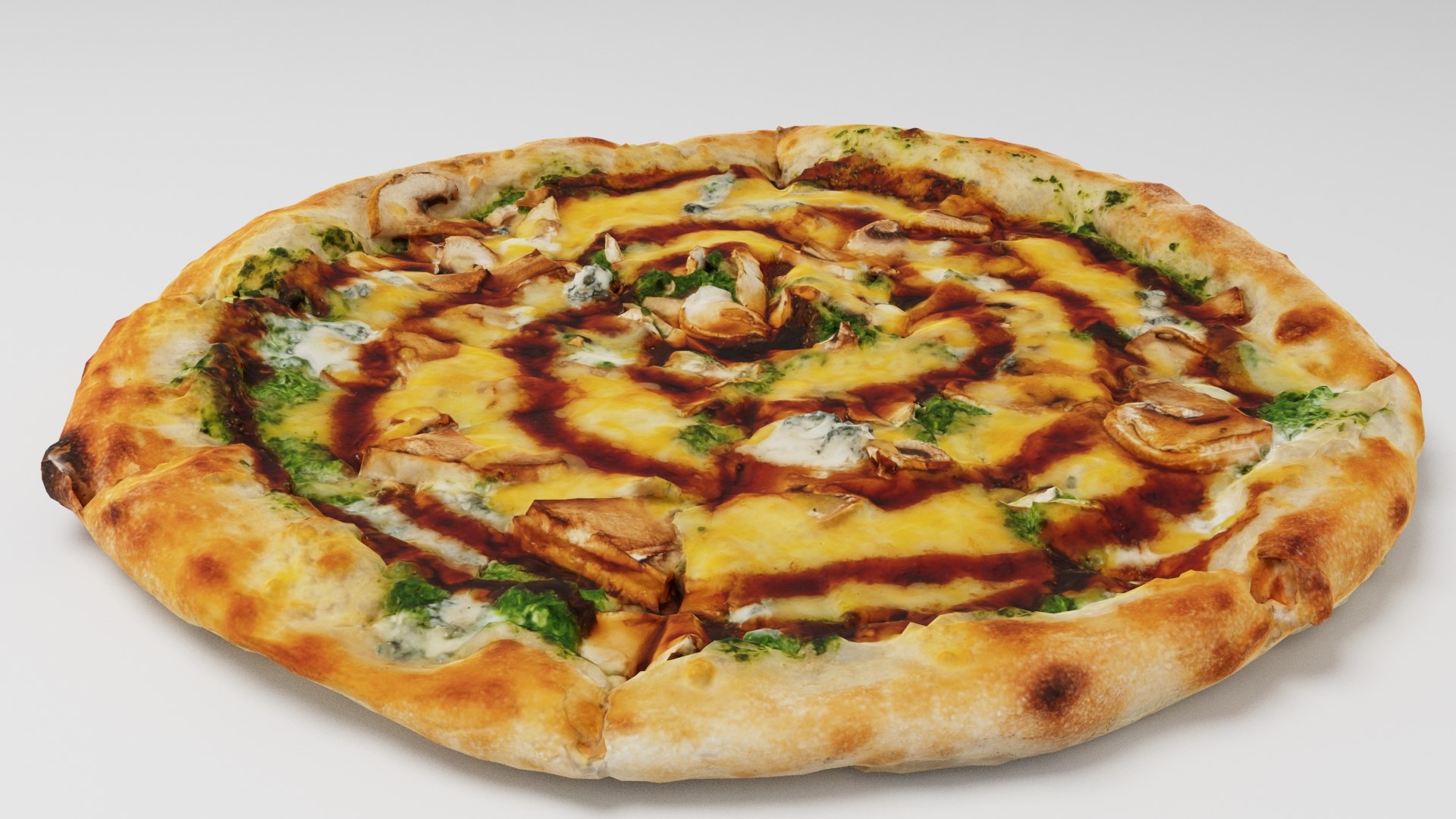 3D vegetarian Pizza with Teriyaki sauce and spinach - TurboSquid 2108792