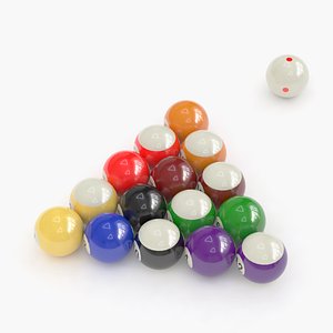 3D 15 billiards balls aligned with a white Aramith cue ball with 6 red points model