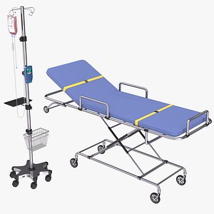 Ambulance Bed With IV Stand-Blue 3D model