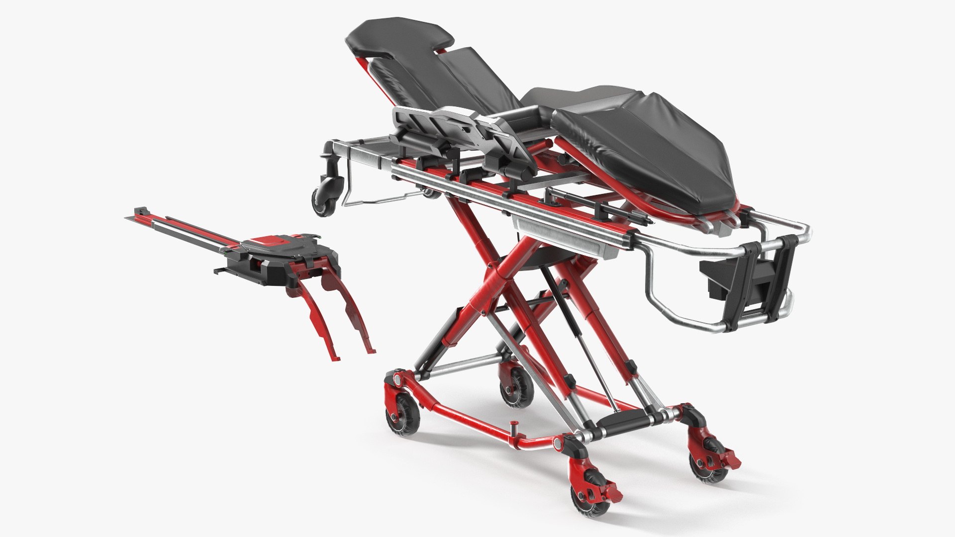Automatic Medical Cot With Loading Guide Black Red Rigged for Cinema 4D 3D model preview