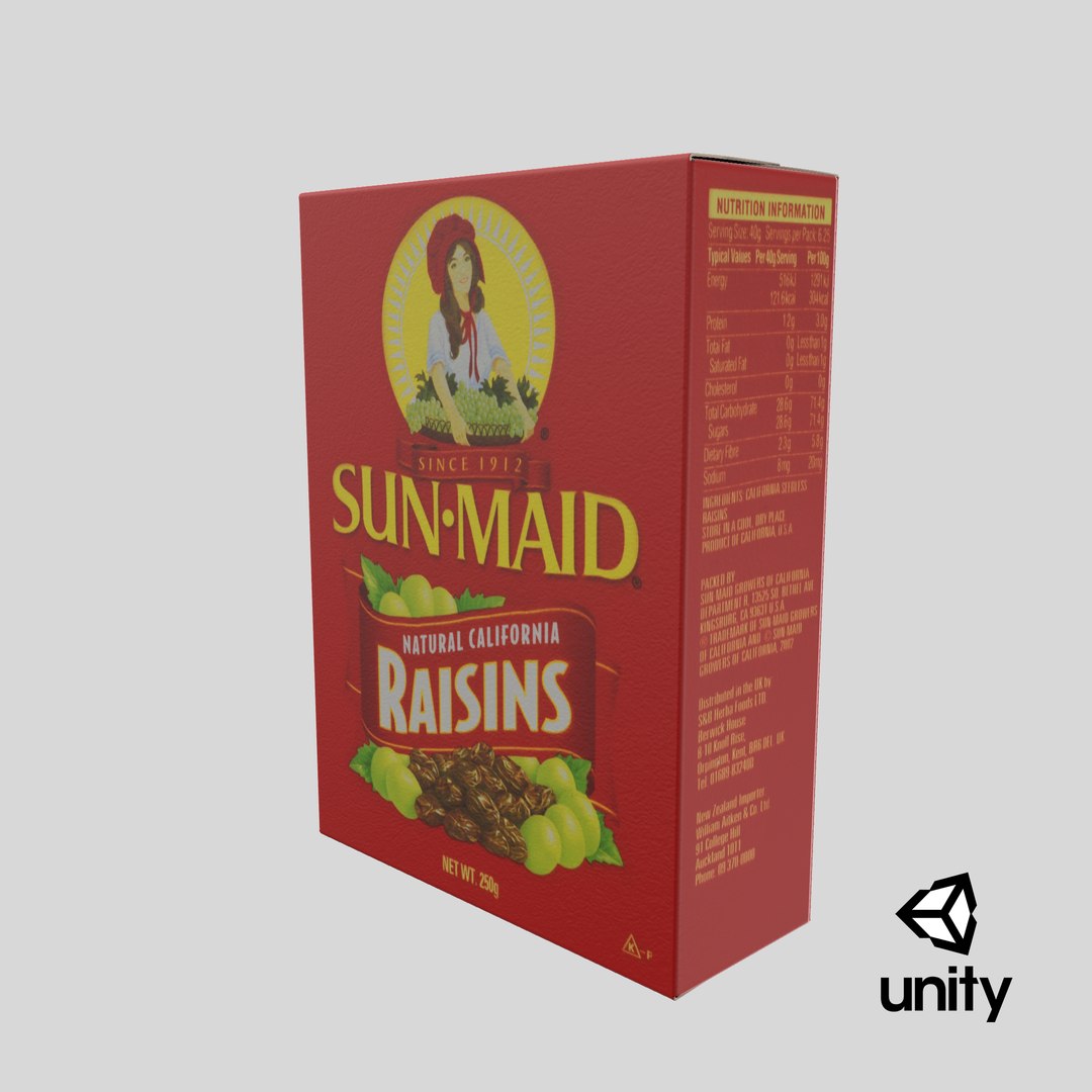 Sun Maid Raisins 250g model https://p.turbosquid.com/ts-thumb/2H/DEg0Oh/KG/stemcell_unity_render/png/1635232046/1920x1080/fit_q87/8a645bda71d8417c650db87ab4674ad3139d2a34/stemcell_unity_render.jpg