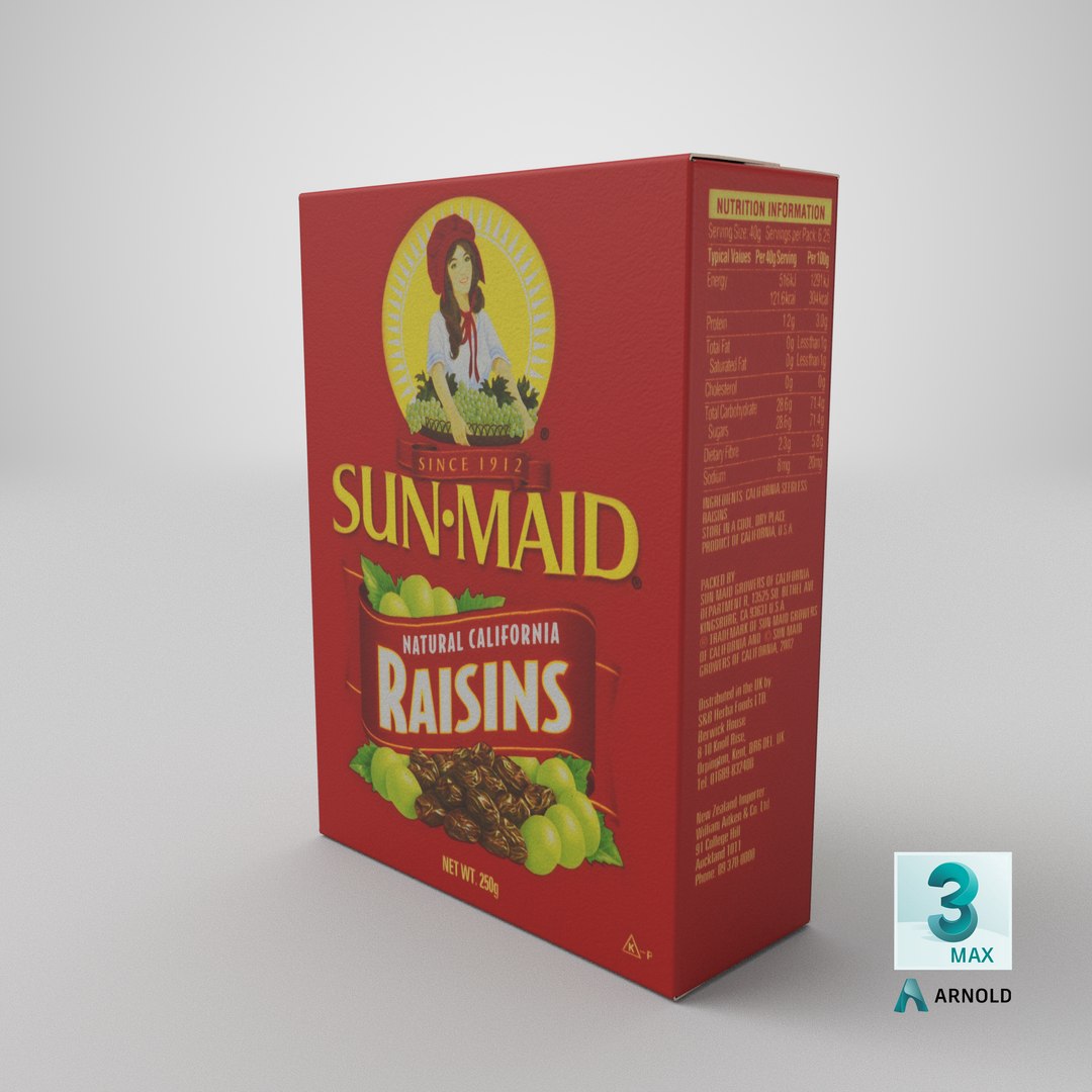 Sun Maid Raisins 250g model https://p.turbosquid.com/ts-thumb/2H/DEg0Oh/sn/stemcell_max_arnold_render/png/1635232048/1920x1080/fit_q87/3232951e8331d3e179c13f3a4840848496488e85/stemcell_max_arnold_render.jpg