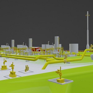 3D Gas Compression Plant with Triple Turbines and Piping System