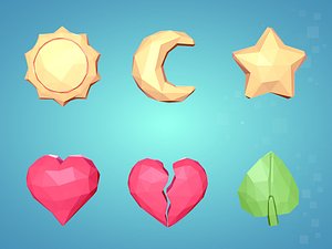 Low Poly - Polygonal Pack - Sun - Moon - Star - Heart - Leaf