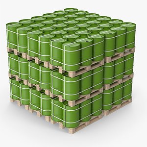 3D Green Barrels On Wooden Pallets