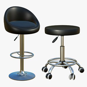 Bar Stool Chair Black Leather Wheeled 3D model