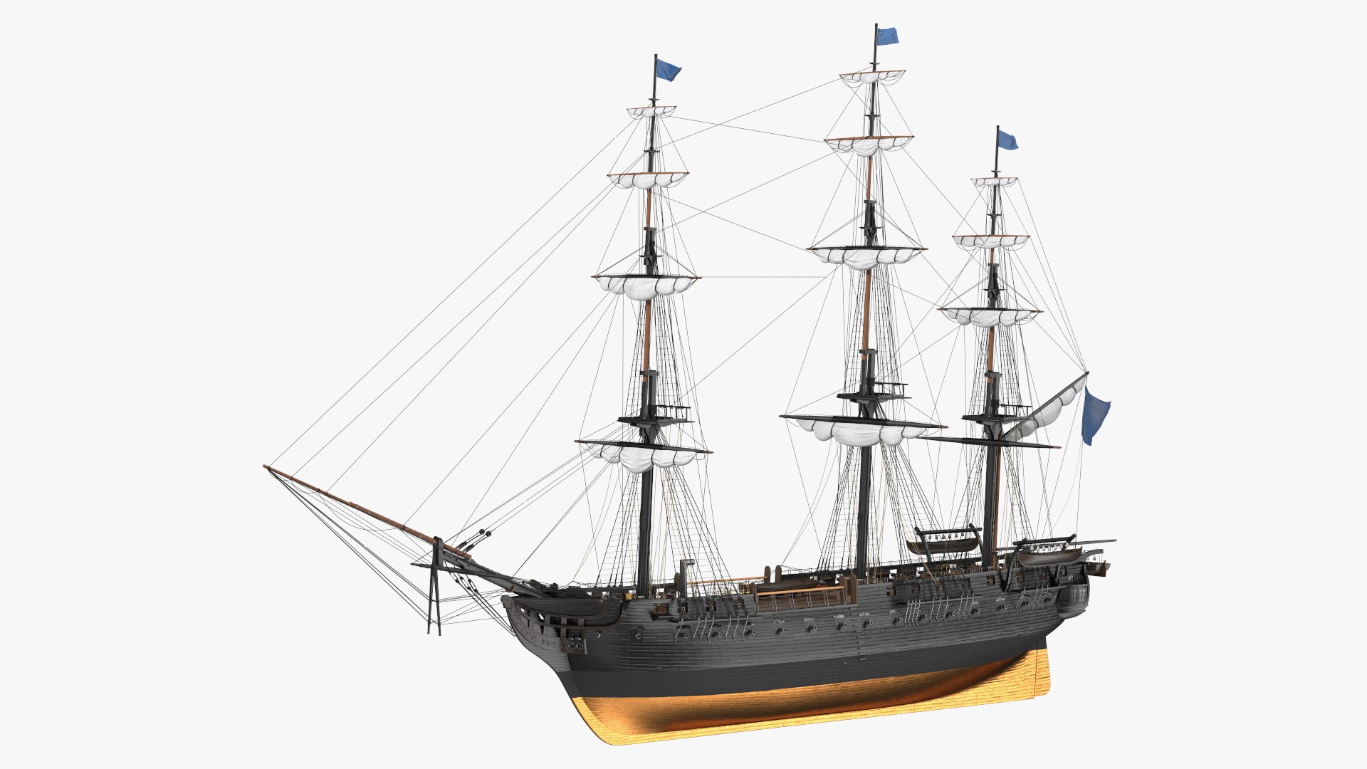 Three Masted Heavy Frigate Retracted Sails 3D model preview