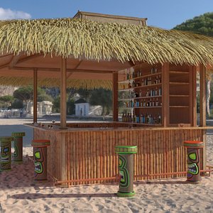Bamboo Cocktail Bar with Liquor Display and Palm Canopy Natural 3D model