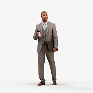 00283Bill010 - Adult Black male standing in office with coffee in transitional seasonal business att model