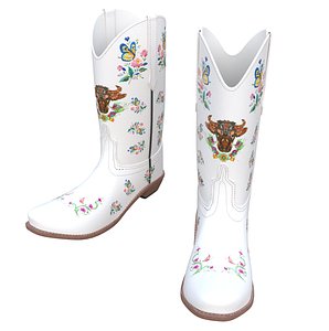 Floral White Leather Cowboy Boots 3D Model Low Poly PBR Textured