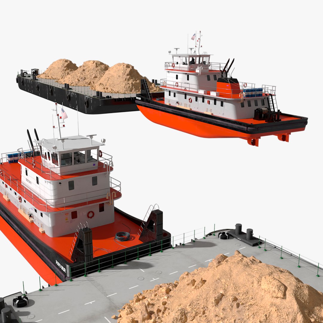 Push Boat Ship and Cargo Barge with Sand 3D model preview