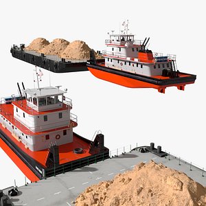 Push Boat Ship and Cargo Barge with Sand 3D