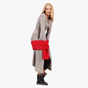 Blonde in Knit Grey Dress and Red Scarf Posing Remastered