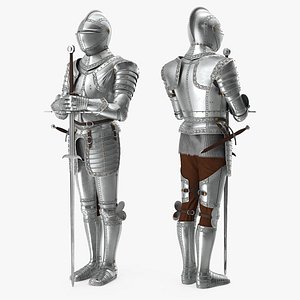 Polished Knight Plate Armor standing with Zweihander