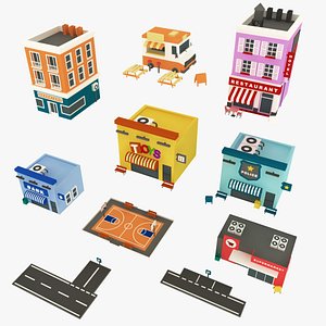 Cartoon Low poly Game-Ready Building Set 10 in 1