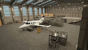 3D Airplane Hangar Interior with Airplane Jet model