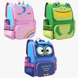 Three Kids Backpack Bags Collection 3D model