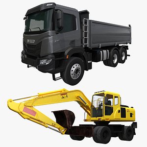 3D Iveco T-Way Tipper and Wheeled Excavacator Collection model
